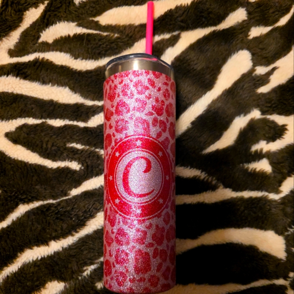 Glittery Pink Leopard Tumbler with Straw